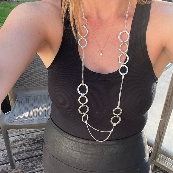 Silver circle hooked Necklace with people and pink circle earrings - Picture 7 of 7